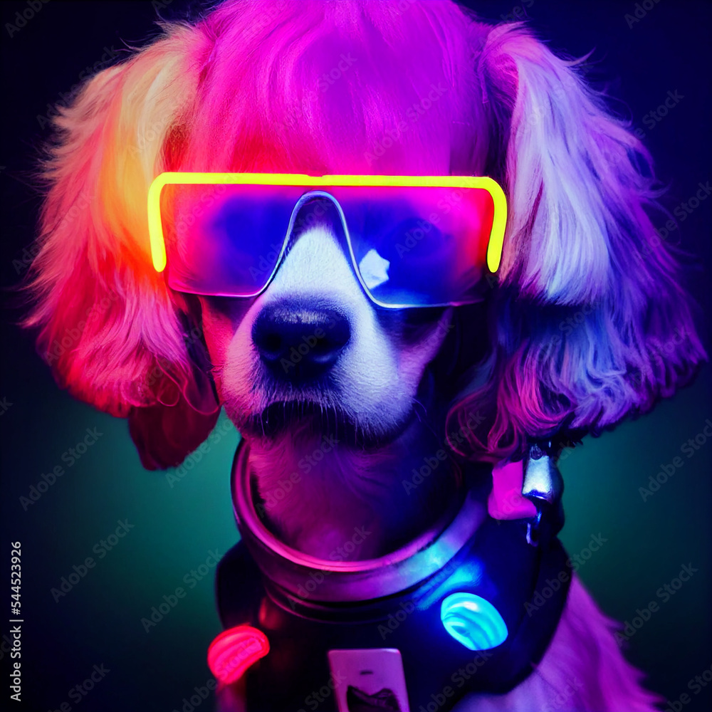 cyberpunk Pitbull dog with sunglasses, dressed in neon color clothes ...