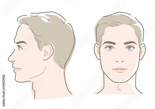 Young man's profile and front face. Vector illustration in line drawing isolated on white background.