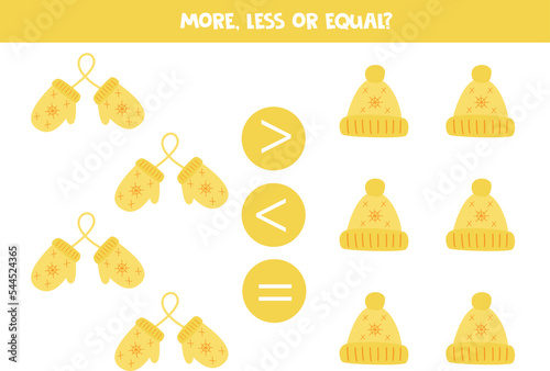 More, less or equal with cartoon yellow mittens and hats.