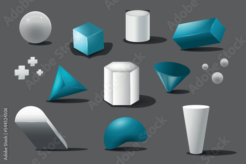 Geometric simple shapes 3d set in realism design. Bundle of sphere, cube, cylinder, parallelepiped, pyramid, cross, truncated cone, trapezium and other isolated realistic elements. Vector illustration photo
