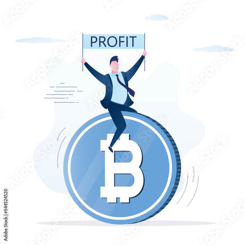 Big bitcoin is rolling in the direction of profits. Happy male investor sits on cryptocurrency and rides to success. Profitable investments in nft and blockchain technology.