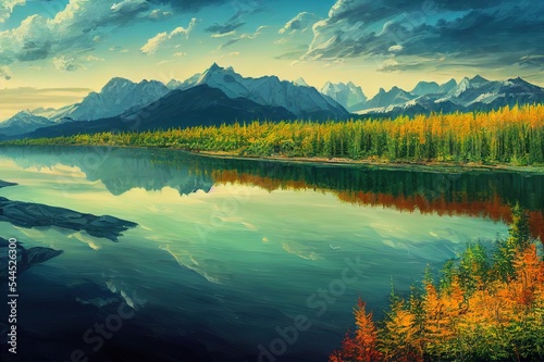 Great outdoors digital painting. 4k landscape of nature with trees mountains  clouds and river  lake. Alaska  canada landscape. Painting wallpaper  background. Bright environment illustration.