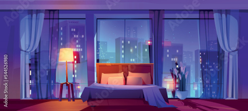 Bedroom interior in modern apartment with city view. Empty room with bed, floor lamp, flowers, curtains and panoramic window with cityscape view at night, vector cartoon background