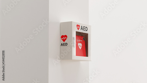 白い壁に取り付けられたAED（救命除細動器）のフォトリアルな3Dレンダリングイラスト