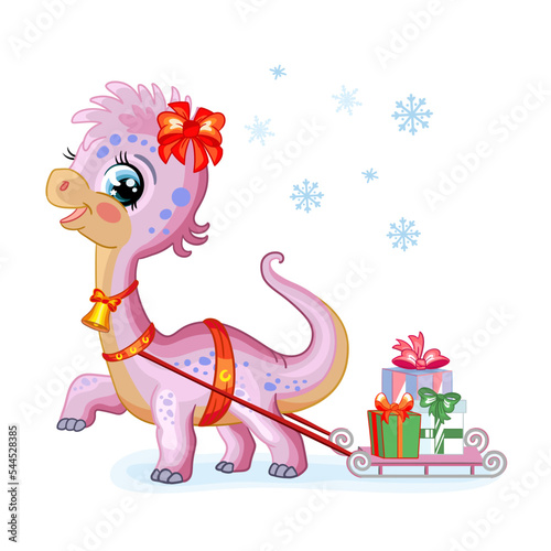 Christmas cute dinosaur diplodocus girl with gifts vector illustration