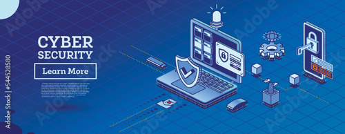 Cyber Security Concept. Shield Symbol. Isometric Laptop and Smartphone with Key Inserted in Lock. photo