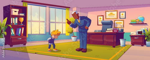 School principal meeting with student in director office. Angry headmaster talk with guilty boy pupil in cabinet with table, cupboard and carpet, vector illustration in contemporary style