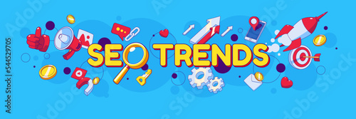 Seo trends cartoon banners in contemporary style with smartphone, loudspeaker, glass. arrows and target. Search engine optimization campaign for social media linear vector header or footer for website