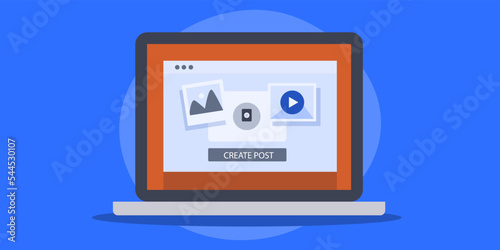 Post publication on social media, sharing content on internet communication technology concept.