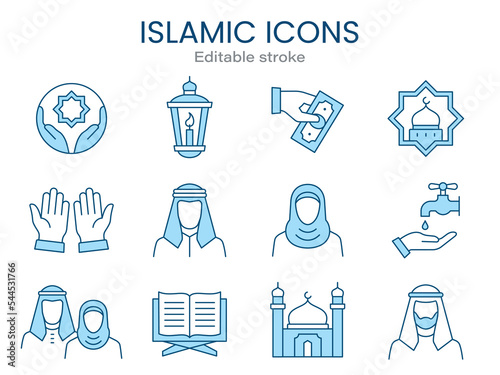 Arabic icons, such as islam, quran, carpet, muslim and more. Editable stroke.