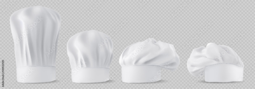 Chef hats, cook caps and baker toques realistic mockup. White restaurant uniform headwear, professional small, medium and tall french style clothing of kitchen staff, 3d vector illustration - obrazy, fototapety, plakaty 