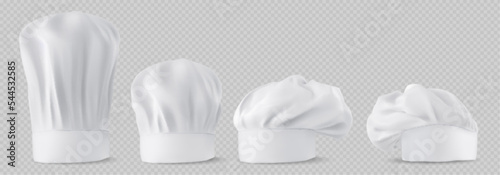 Chef hats, cook caps and baker toques realistic mockup. White restaurant uniform headwear, professional small, medium and tall french style clothing of kitchen staff, 3d vector illustration