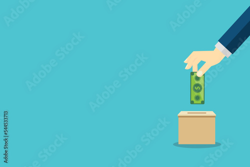 Donate, donation concept. Human hand with dollar bill and donation box.