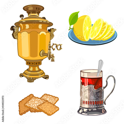 Russian tea. Attributes of a traditional Russian feast. Vector 