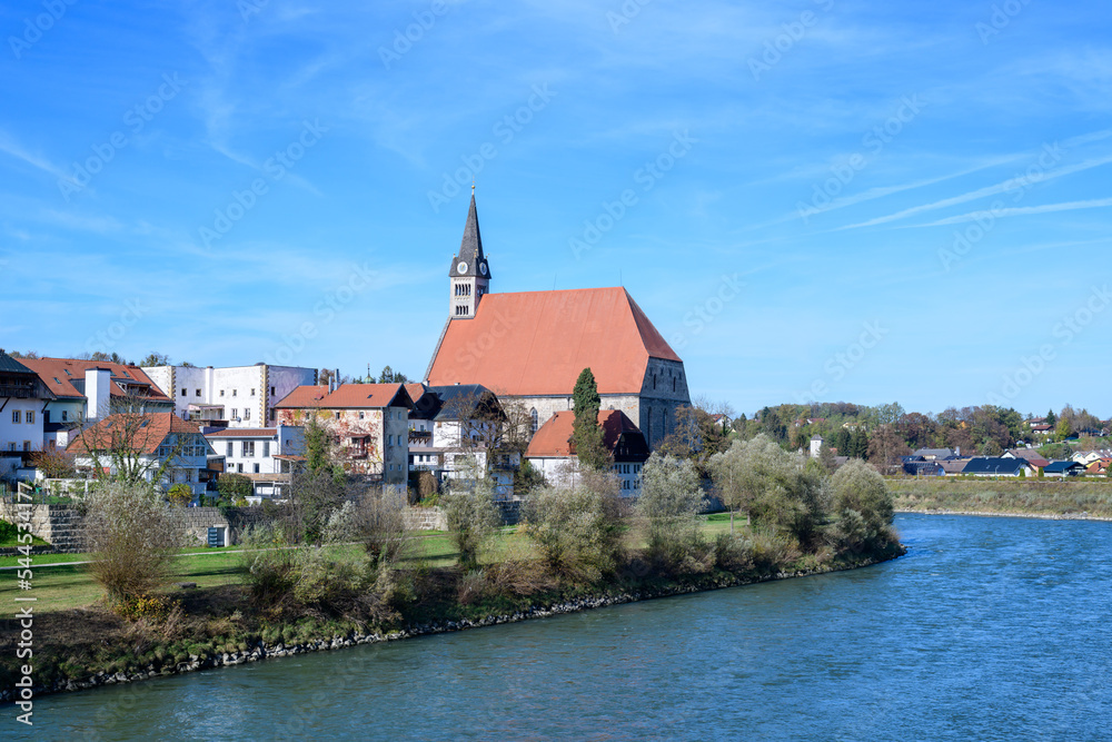 city view of the town of laufen with the river inn in germany