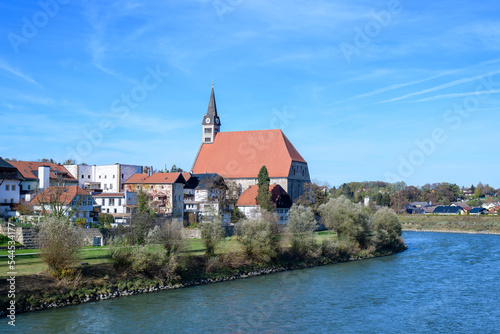 city view of the town of laufen with the river inn in germany