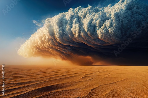 Heavy sand and dust storm above desert land on hot summer day. Danger and power of wild nature. Huge cloud carried by wind 3d artwork photo