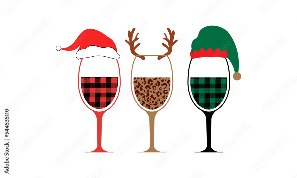 Christmas Wine Glass Reindeer, Santa and Elf - Christmas Vector and