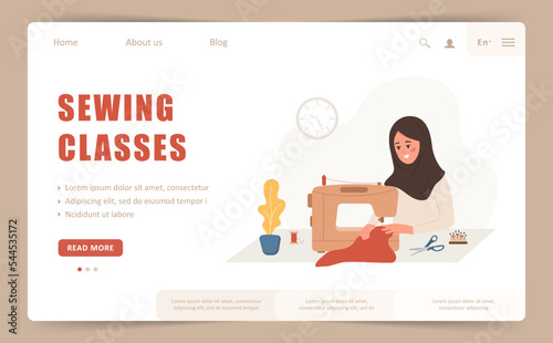 Sewing classes landing page or web banner template. Islamic woman seamstress at sewing machine sews clothes. Fashion designer or dressmaker. Vector illustration in flat cartoon style.