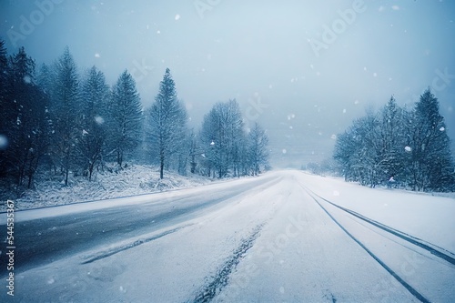 scenic veiw of empty road with snow covered landscape while snowing in winter season. © AkuAku