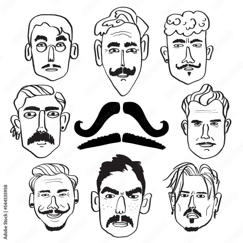 A set of male faces with moustaches. Linear flat drawing. Avatar, icon of a face with a mustache. A set of male faces with moustaches. Linear flat drawing. Avatar, icon of a face with a mustache.