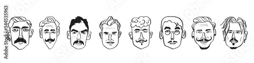A set of male faces with moustaches. Linear flat drawing. Avatar  icon of a face with a mustache.