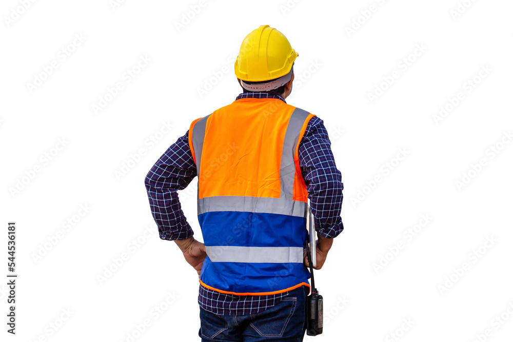 Rear view of Engineer under inspection and checking project at the building site, Foreman worker in hardhat at the infrastructure construction site Rear view of Engineer under inspection and checking project at the building site, Foreman worker in hardhat at the infrastructure construction site