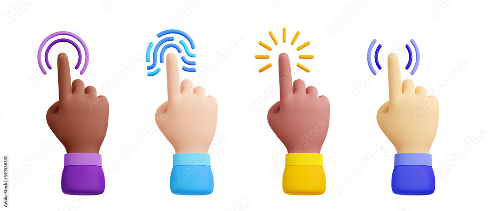 Computer cursor with hand and click icon. Diverse man arms with fingers press button, pointing or touch fingerprint scan, 3d render illustration isolated on white background - obrazy, fototapety, plakaty 