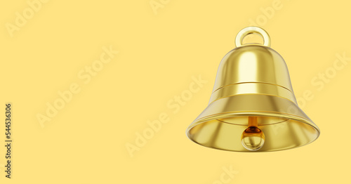 Bell metal gold, notification symbol. 3D rendering. Icon on yellow background, space for text.