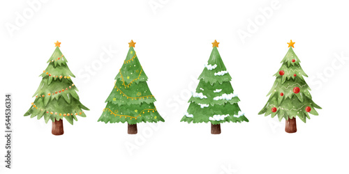 Christmas Tree Watercolor Collection. Set of pine green tree for Merry Christmas winter card. Cute tree forest cartoon isolated on white background vector illustration