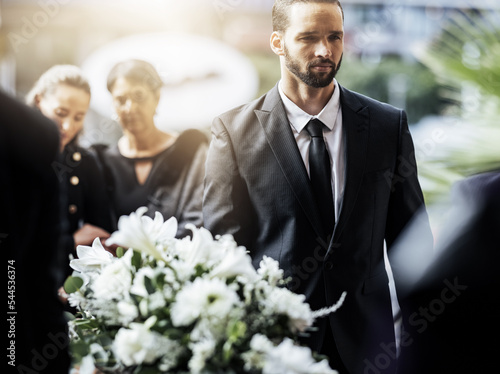 Bilde på lerret Death, funeral and carry coffin with family mourning, sad and depressed for grieving time