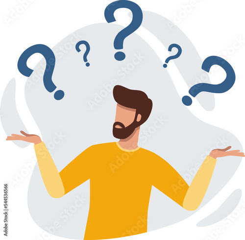 Confused person surrounded by question marks