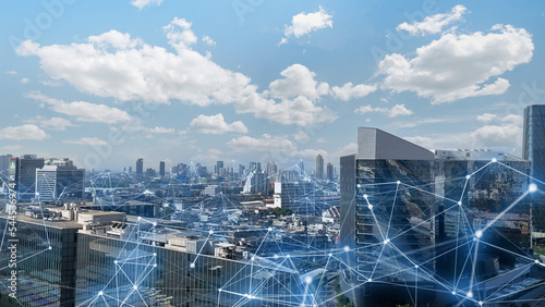 Social media Connection technology concept future network city background and futuristic interface graphic