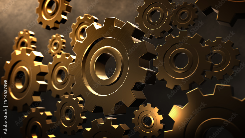 engine gears wheels slowly rotating dark metallic gears. Iron clockwork