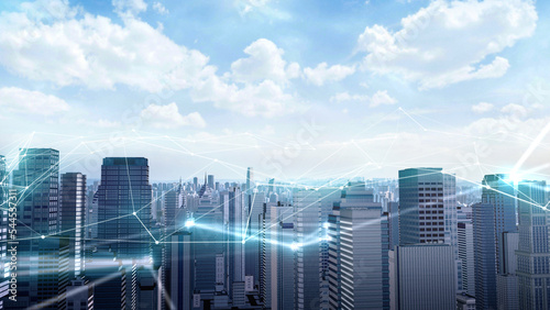 Social media Connection technology concept future network city background and futuristic interface graphic