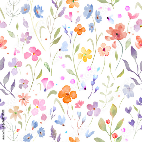 Watercolor seamless pattern with abstract bright flowers, leaves, branches. Hand drawn floral illustration isolated on light  background. For packaging, wrapping design or print © Alla