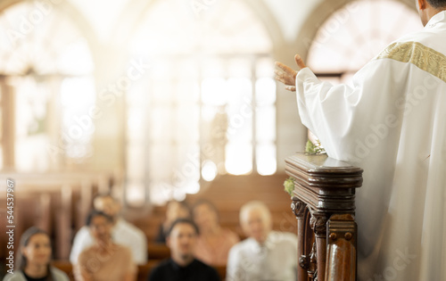 Fotobehang Congregation, religion and faith with priest, in church and preaching sermon, speaking and spiritual