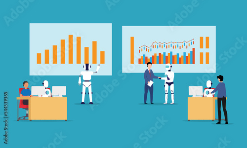 Robot Office Workers - Robots and human working together 2d vector illustration concept for banner, website, illustration, landing page, flyer, etc