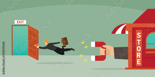 Hand with magnet has appeared from a store 2d vector illustration concept for banner, website, illustration, landing page, flyer, etc