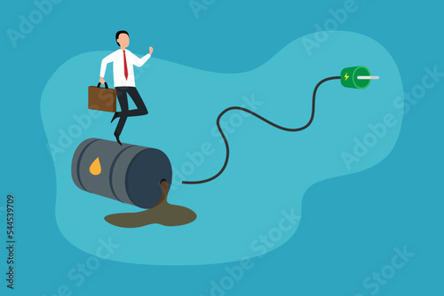 Businessman with the transition from fossil oil energy to clean electric power 2d vector illustration concept for banner, website, illustration, landing page, flyer, etc