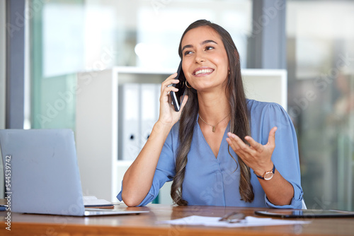 Wallpaper Mural Business woman, laptop and phone call for conversation, discussion and marketing strategy in office at desk. Leader, female entrepreneur and digital devices for planning, communication and smile. Torontodigital.ca