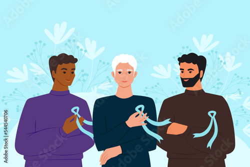 Group of young men with blue ribbons, symbol of prostate cancer awareness month. Vector banner.