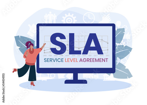 SLA - Service Level Agreement acronym, business concept background. Concept with keywords, letters and icons. Colored flat vector illustration. Isolated on white background.