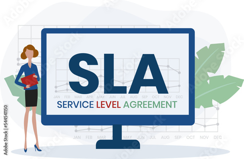 SLA - Service Level Agreement acronym, business concept background. Concept with keywords, letters and icons. Colored flat vector illustration. Isolated on white background.
