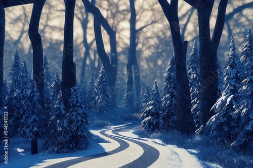 Winding road through a winter forest. photo