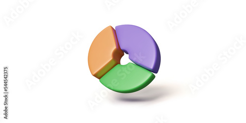 3D donut chart isolated on white. Pie diagram icon. Green, orange and purple colors graph.
