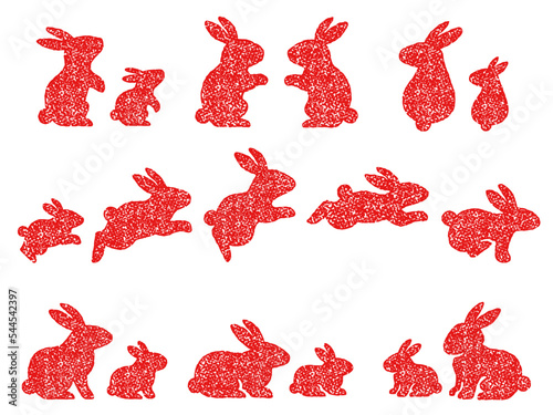 うさぎの親子の赤いスタンプ風シルエットイラストセット