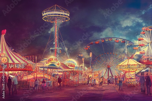 3D Rendering, Illustration of an abandoned carnival with a ferris wheel on a cloudy night photo