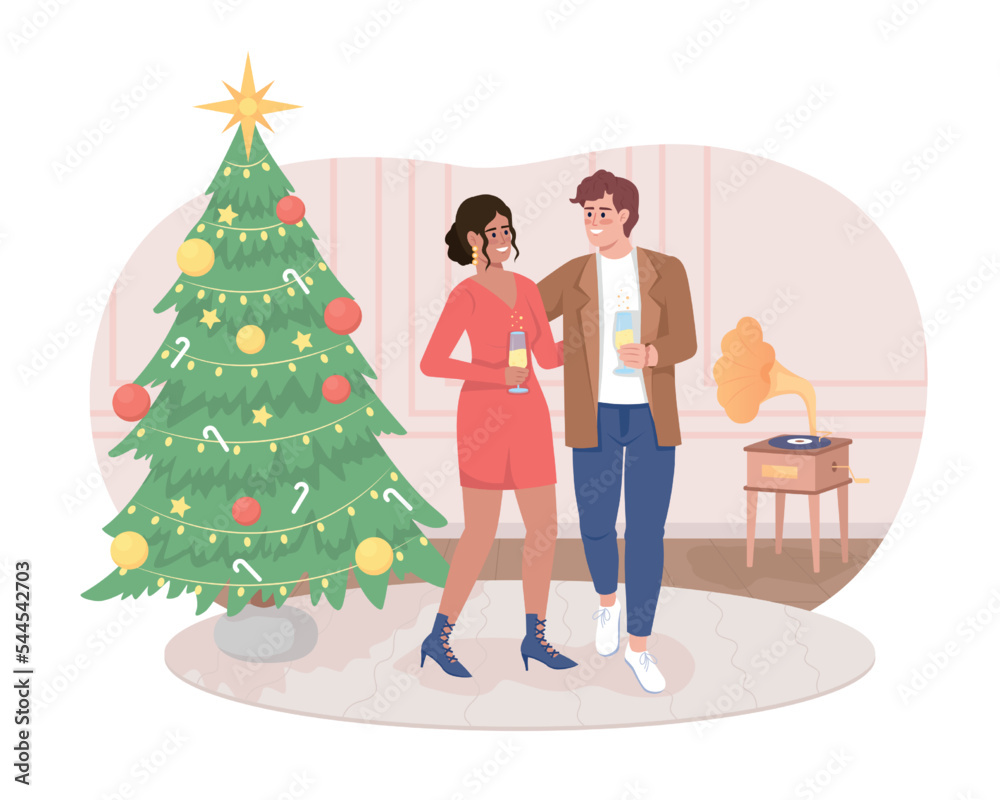 Fototapeta premium Couple celebrating Christmas 2D vector isolated illustration. Happy flat characters on cartoon background. New Year party colourful editable scene for mobile, website, presentation