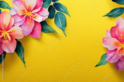 of wedding invitation template with watercolor yellow bougainvillea flower brick wall landscape